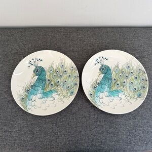 Edie Rose Peacock Collection Salad Plates Set 2 Stoneware Blue Green Purple Bird